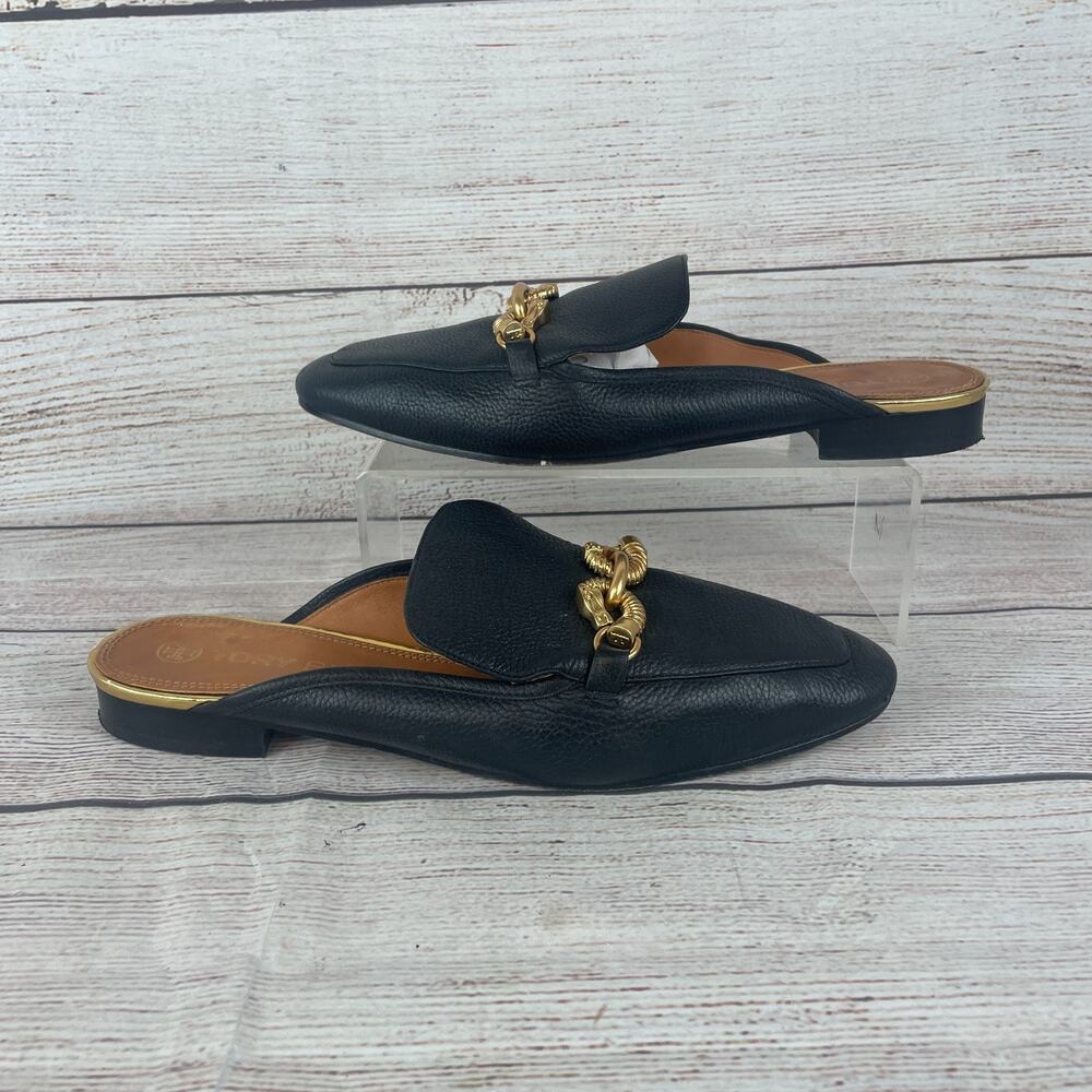 Tory Burch Jessa Womens Sz 10.5M Backless Loafers Black Leather Gold Hardware